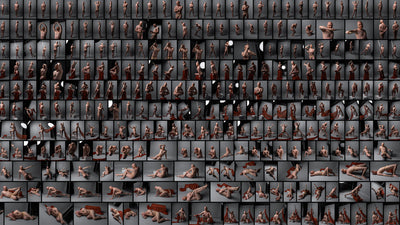 A large grid of many small photos showing nude human figures in various poses against dark studio backgrounds.